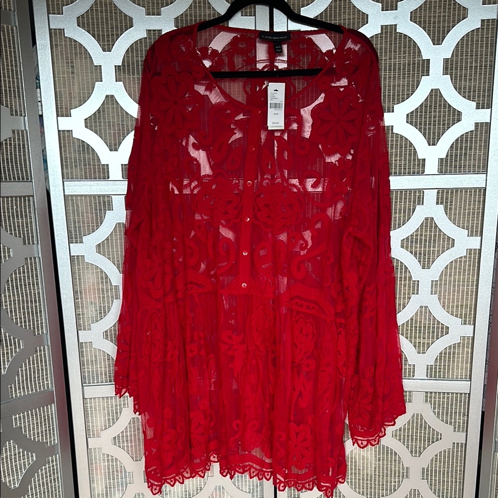 Lane Bryant NWT  Red Sheer Long Sleeve Blouse